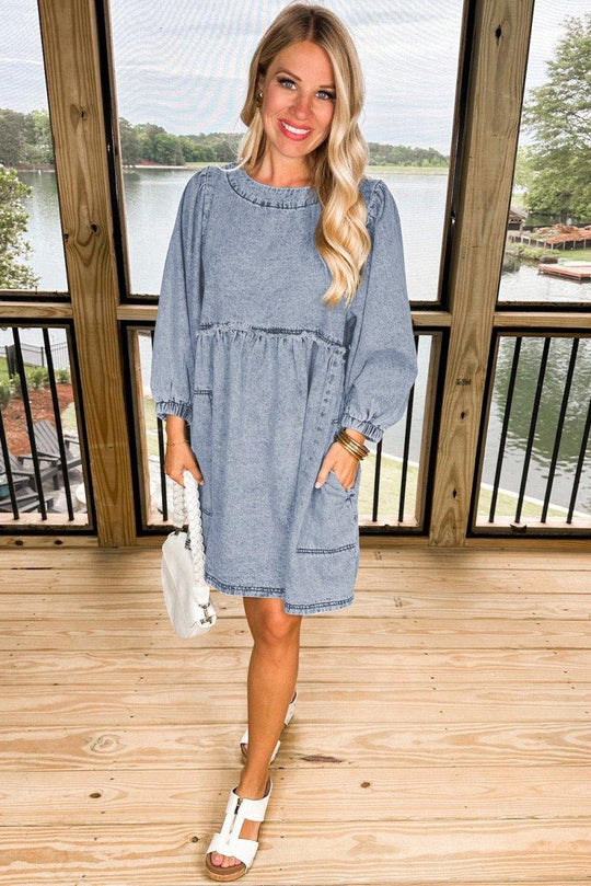 High Waist Loose Fit Denim Mini Dress - Klazzi Fashion Boutique