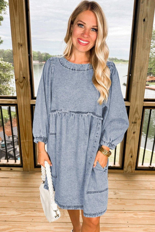 High Waist Loose Fit Denim Mini Dress - Klazzi Fashion Boutique