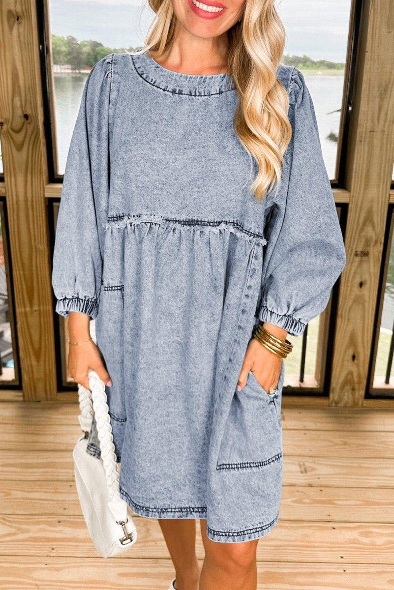 High Waist Loose Fit Denim Mini Dress - Klazzi Fashion Boutique