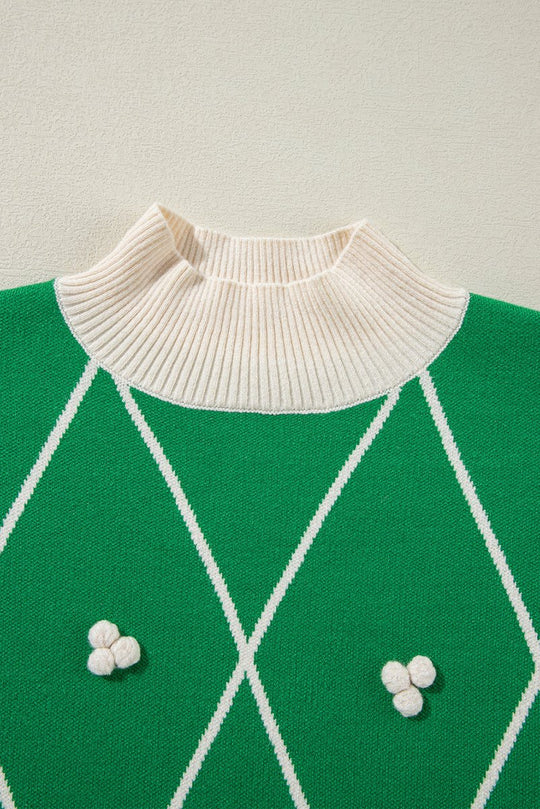 Holly Pom Pom Green Diamond Pattern Sweater - Klazzi Fashion Boutique