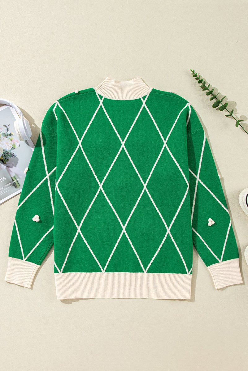 Holly Pom Pom Green Diamond Pattern Sweater - Klazzi Fashion Boutique