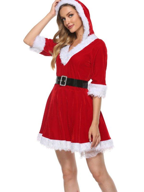 Hooded Sexy Christmas Puffy Santa Dress - Klazzi Fashion Boutique