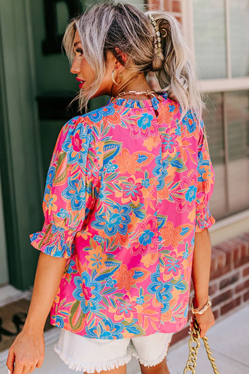 Hot Pink Boho Floral Blouse - Klazzi Fashion Boutique