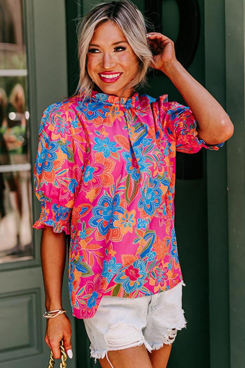 Hot Pink Boho Floral Blouse - Klazzi Fashion Boutique