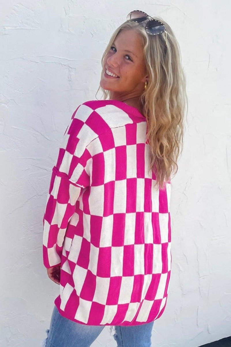 Hot Pink Checkered Plus Size Cardigan - Klazzi Fashion Boutique