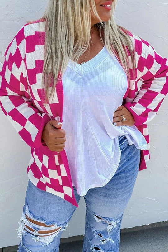 Hot Pink Checkered Plus Size Cardigan - Klazzi Fashion Boutique