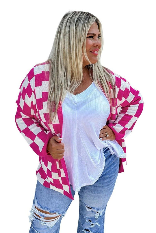 Hot Pink Checkered Plus Size Cardigan - Klazzi Fashion Boutique