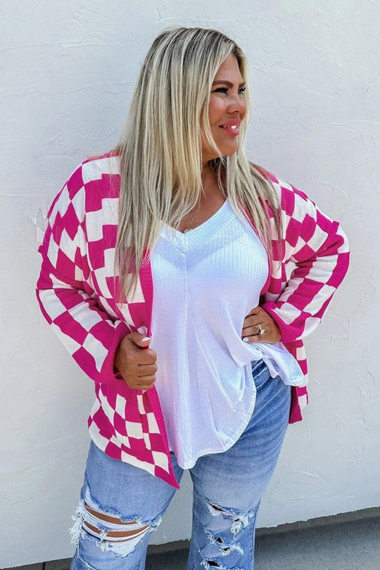 Hot Pink Checkered Plus Size Cardigan - Klazzi Fashion Boutique