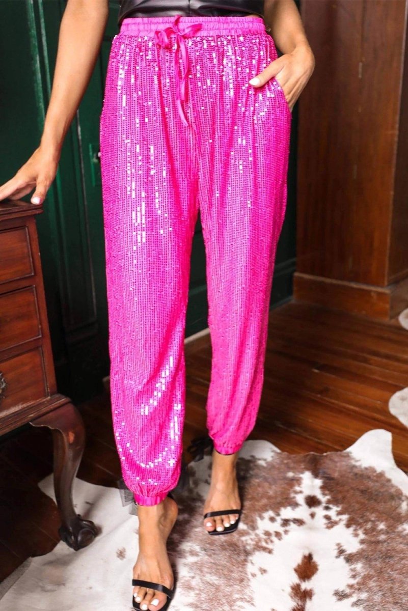 Hot Pink Electric Sequin High Rise Jogger - Klazzi Fashion Boutique