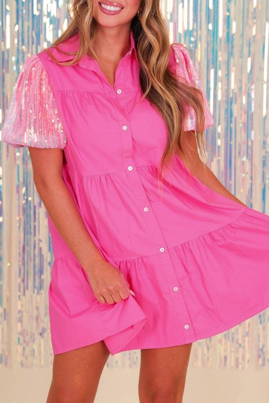 Hot Pink Sequined Ruffled Tiered Shirt Dress - Klazzi Fashion Boutique