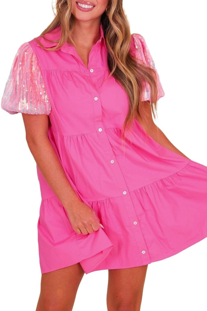 Hot Pink Sequined Ruffled Tiered Shirt Dress - Klazzi Fashion Boutique