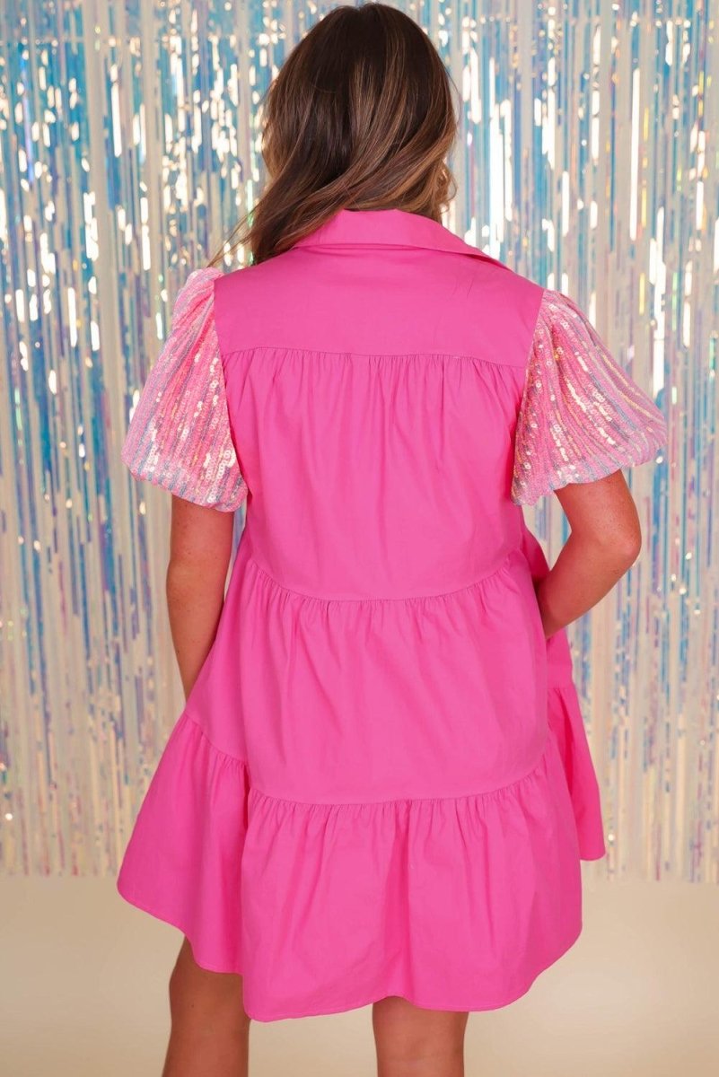 Hot Pink Sequined Ruffled Tiered Shirt Dress - Klazzi Fashion Boutique