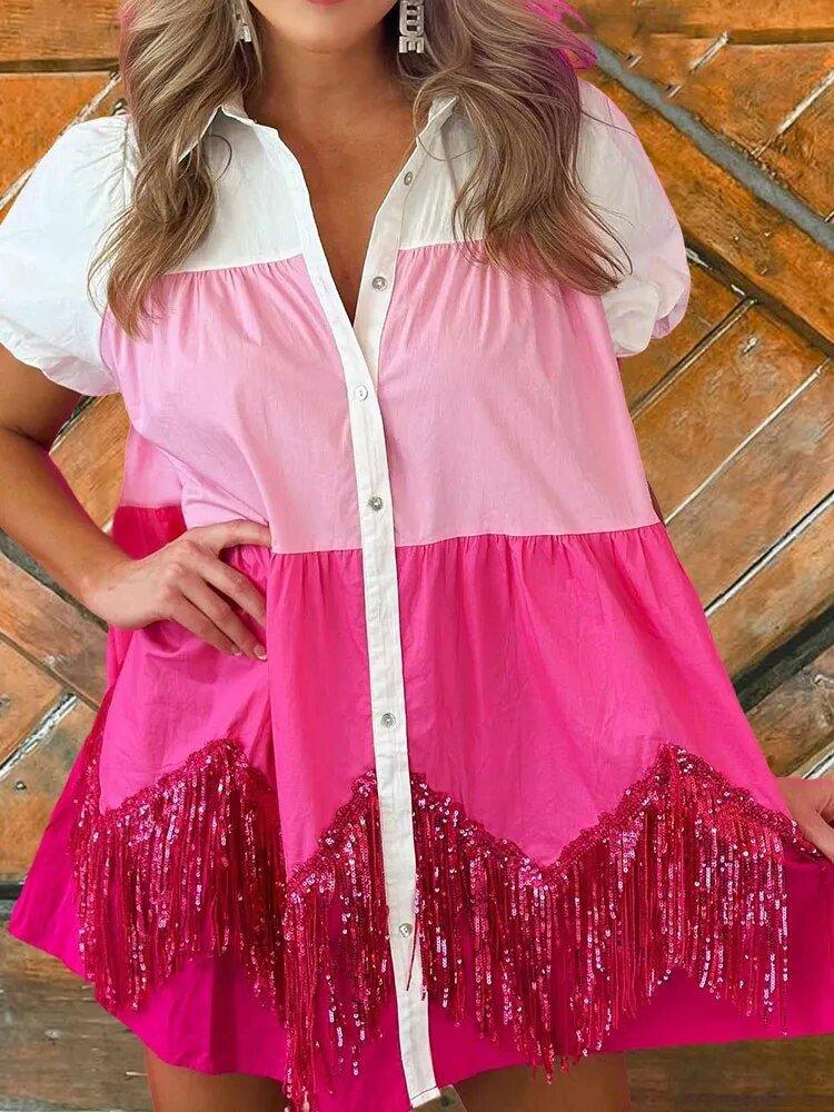 Hot Pink Shimmery Fringy Sequin Dress - Klazzi Fashion Boutique