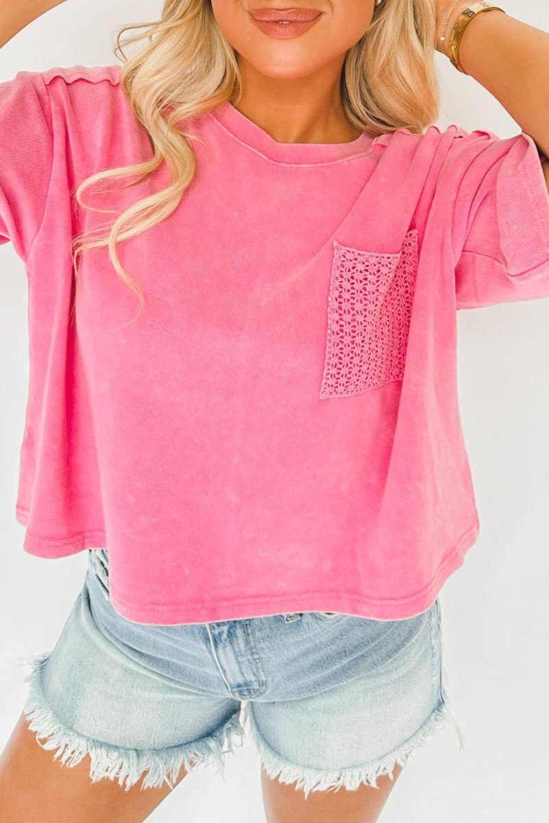 Hot Pink Washed Cropped Short Sleeve Shirt - Klazzi Fashion Boutique