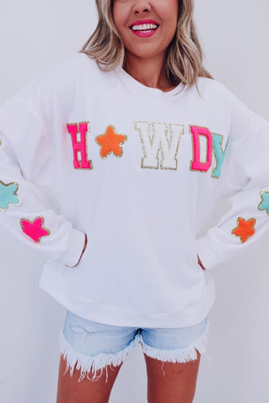 "Howdy" White Glitter Patch Graphic Sweatshirt - Klazzi Fashion Boutique