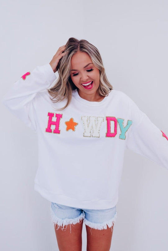 "Howdy" White Glitter Patch Graphic Sweatshirt - Klazzi Fashion Boutique