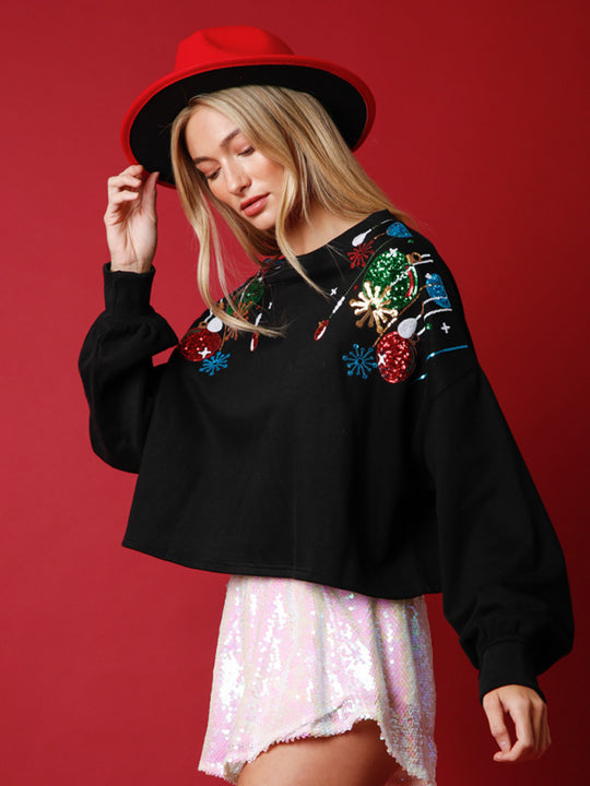 Sequin Sparkle Christmas Ornaments Loose Sweatshirt