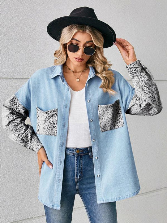 New loose leopard print patchwork denim shirt long sleeve top cardigan