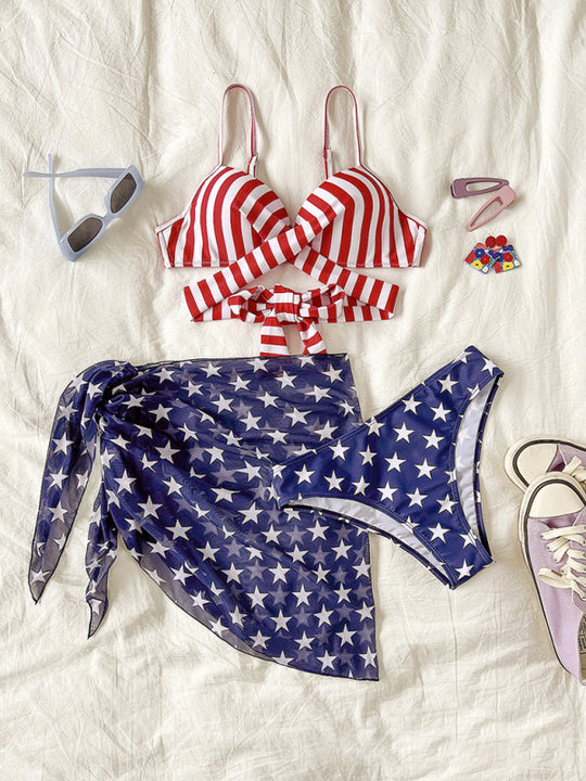 Red, White, and Blue American Flag Three-Piece Swimsuit