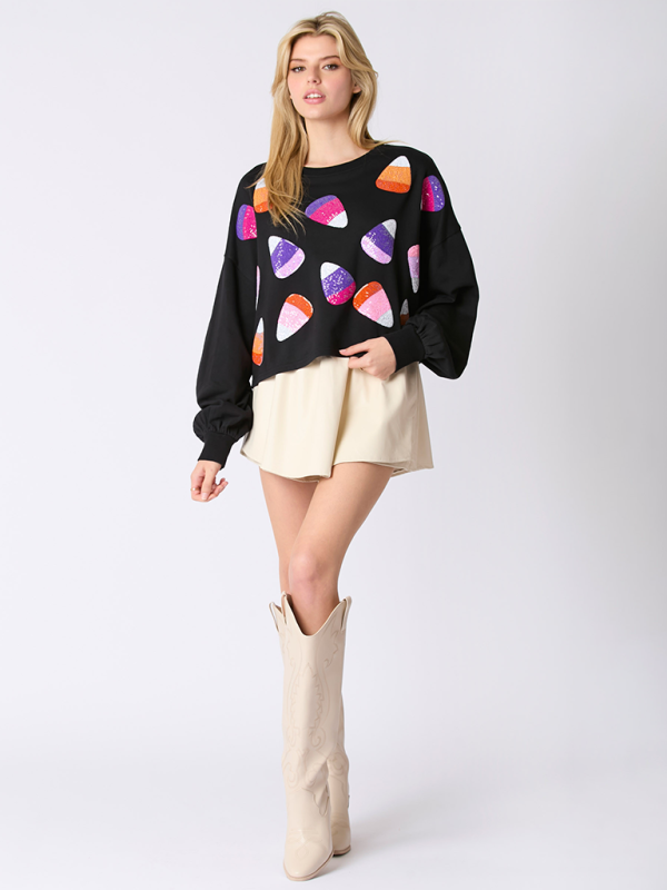 Halloween Multicolor Sequins Candy Corn Sweatshirt