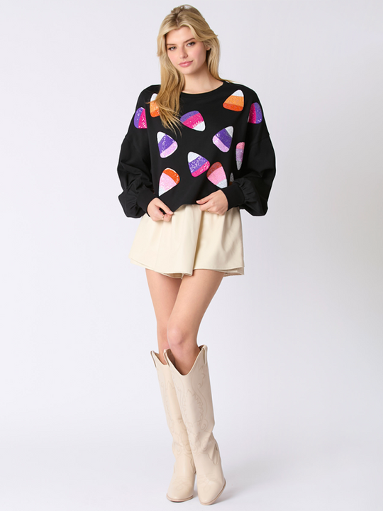 Halloween Multicolor Sequins Candy Corn Sweatshirt