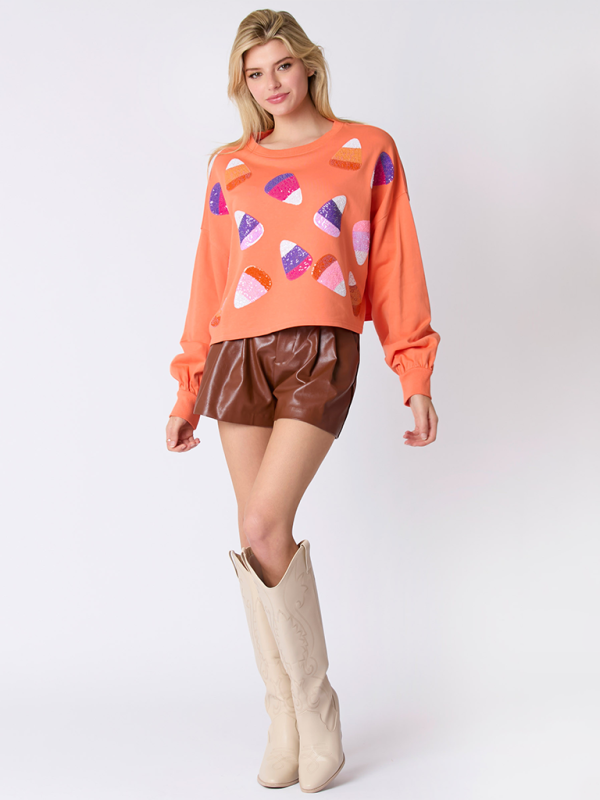 Halloween Multicolor Sequins Candy Corn Sweatshirt