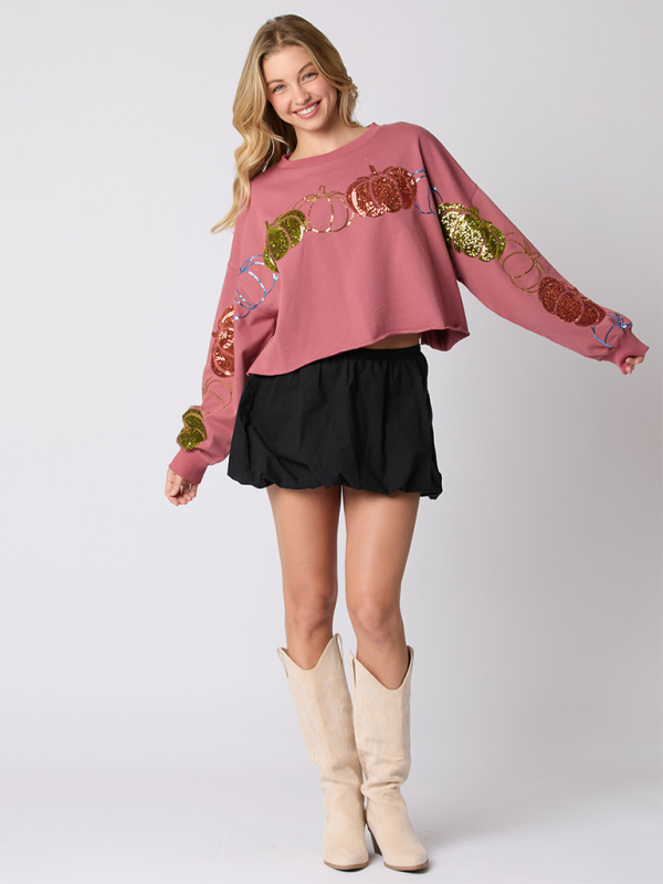 Sequin Pumpkin Patch Long Sleeve Crop Sweatshirt