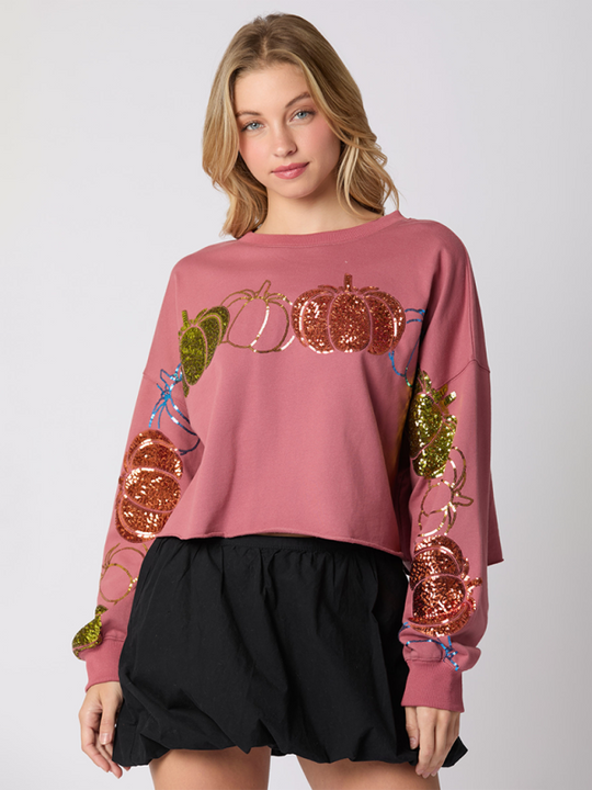 Sequin Pumpkin Patch Long Sleeve Crop Sweatshirt