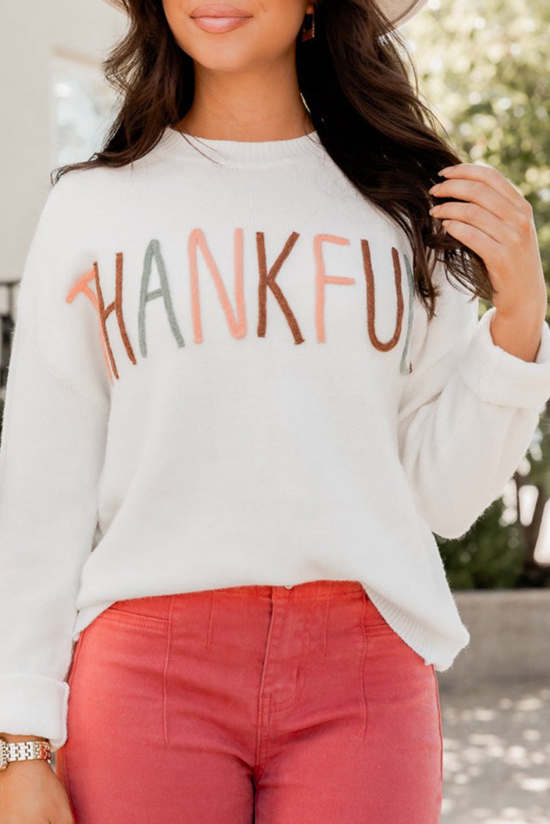 Ivory "Thankful" Embroidery Sweater - Klazzi Fashion Boutique