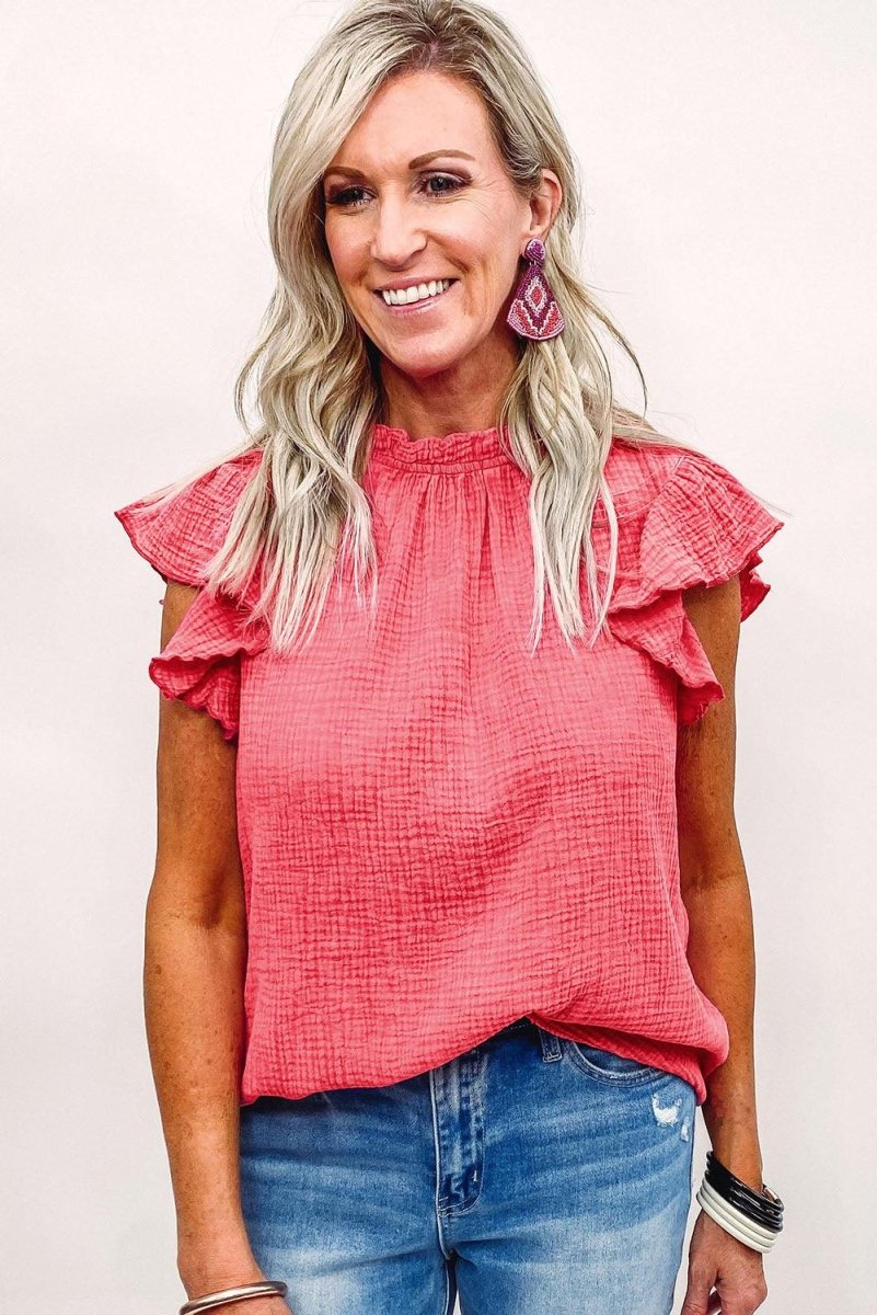 Jenna Crinkled Ruffle Casual Blouse - Klazzi Fashion Boutique