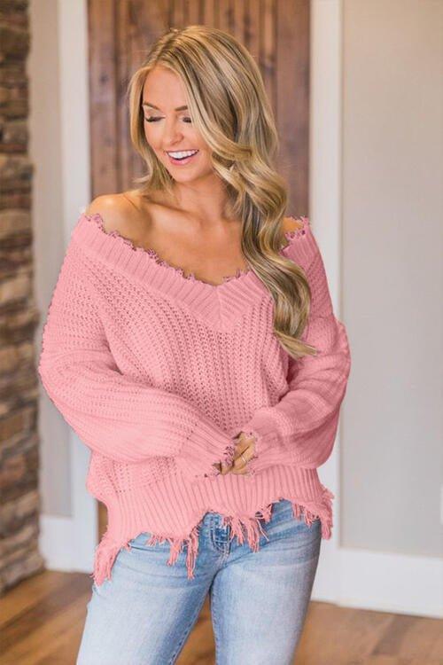 Joyous Frayed Dropped Shoulder Sweater - Klazzi Fashion Boutique