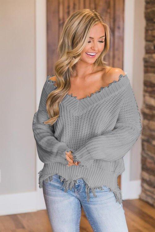 Joyous Frayed Dropped Shoulder Sweater - Klazzi Fashion Boutique