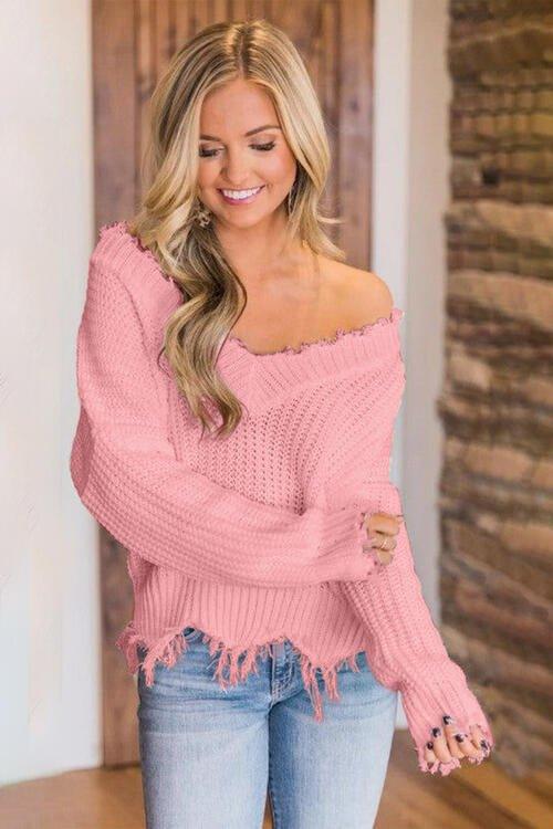 Joyous Frayed Dropped Shoulder Sweater - Klazzi Fashion Boutique