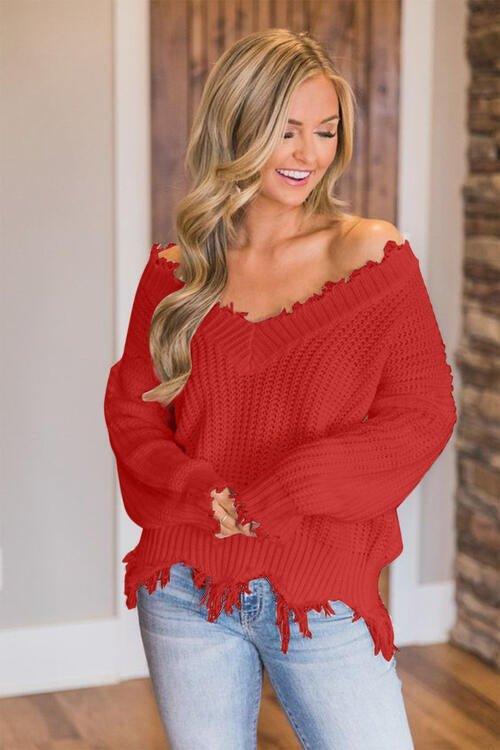 Joyous Frayed Dropped Shoulder Sweater - Klazzi Fashion Boutique