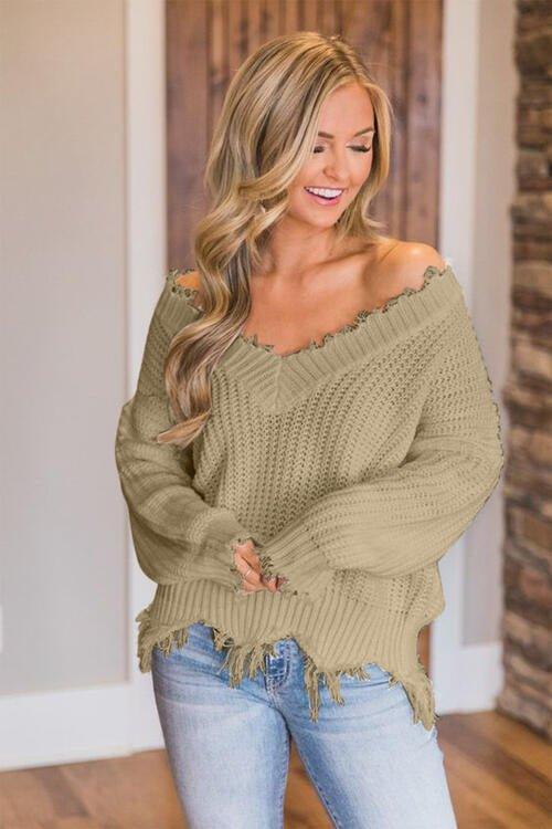 Joyous Frayed Dropped Shoulder Sweater - Klazzi Fashion Boutique