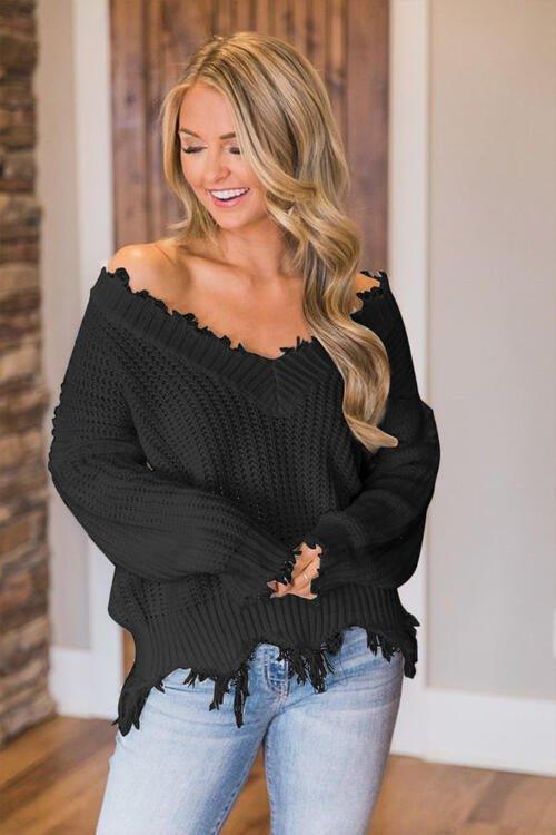 Joyous Frayed Dropped Shoulder Sweater - Klazzi Fashion Boutique