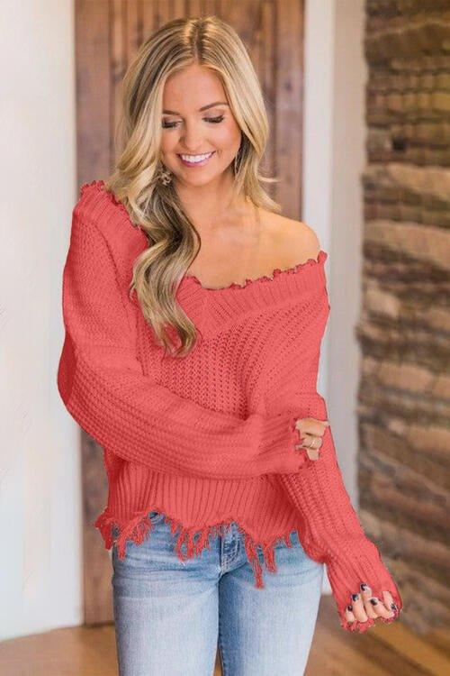 Joyous Frayed Dropped Shoulder Sweater - Klazzi Fashion Boutique