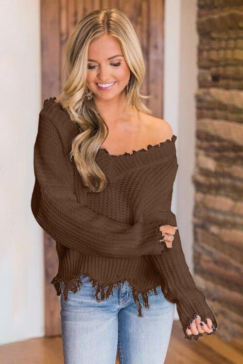 Joyous Frayed Dropped Shoulder Sweater - Klazzi Fashion Boutique