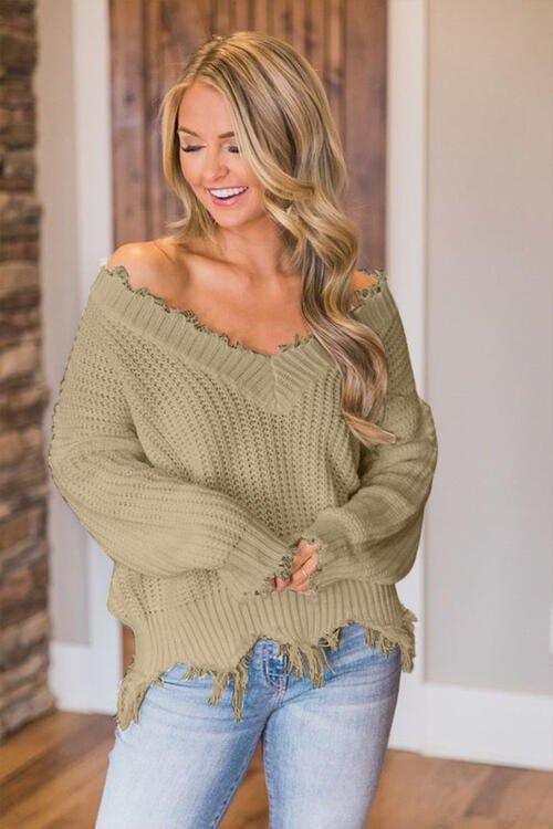 Joyous Frayed Dropped Shoulder Sweater - Klazzi Fashion Boutique