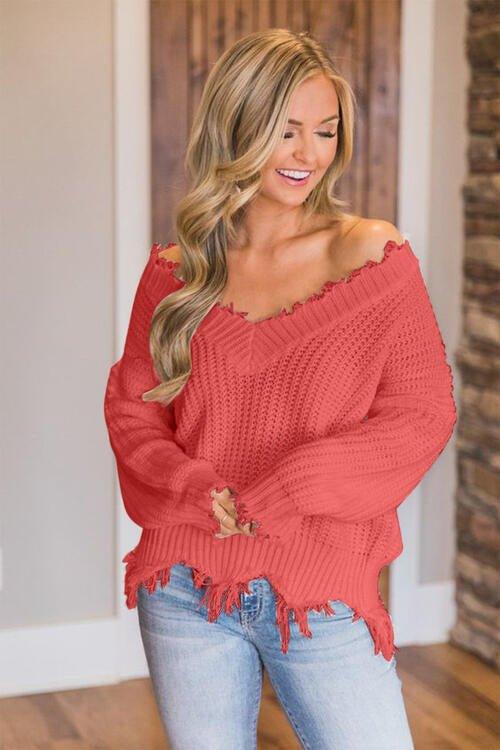 Joyous Frayed Dropped Shoulder Sweater - Klazzi Fashion Boutique