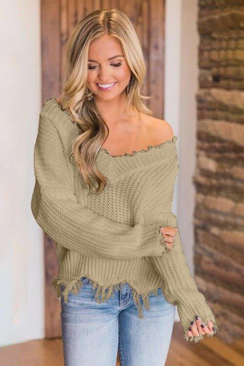 Joyous Frayed Dropped Shoulder Sweater - Klazzi Fashion Boutique