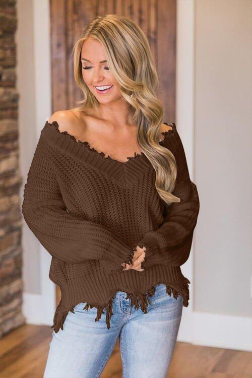 Joyous Frayed Dropped Shoulder Sweater - Klazzi Fashion Boutique