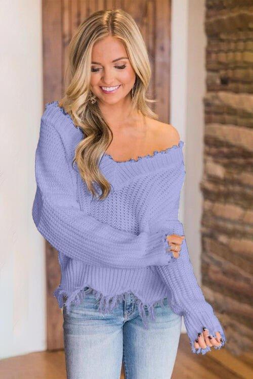 Joyous Frayed Dropped Shoulder Sweater - Klazzi Fashion Boutique