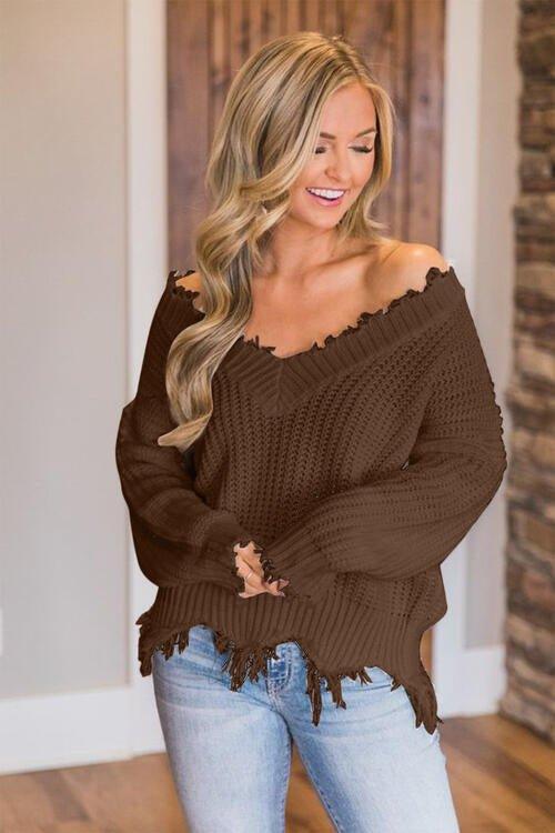 Joyous Frayed Dropped Shoulder Sweater - Klazzi Fashion Boutique