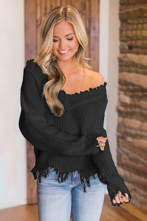 Joyous Frayed Dropped Shoulder Sweater - Klazzi Fashion Boutique