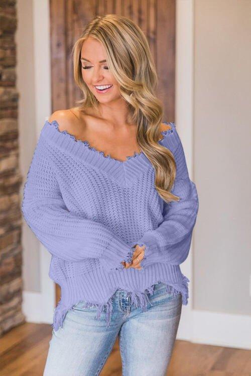 Joyous Frayed Dropped Shoulder Sweater - Klazzi Fashion Boutique