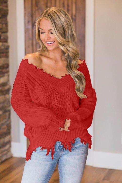 Joyous Frayed Dropped Shoulder Sweater - Klazzi Fashion Boutique