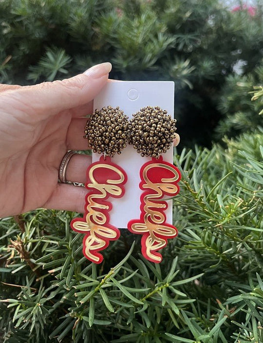 Kansas Chiefs Pom Pom Gold Football Earrings - Klazzi Fashion Boutique