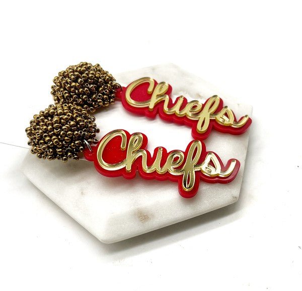 Kansas Chiefs Pom Pom Gold Football Earrings - Klazzi Fashion Boutique