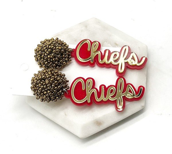 Kansas Chiefs Pom Pom Gold Football Earrings - Klazzi Fashion Boutique